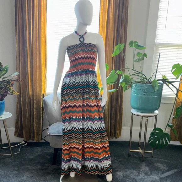 Magic Strapless Chevron Maxi Dress in Orange, Teal, Black, White - Picture 1 of 14